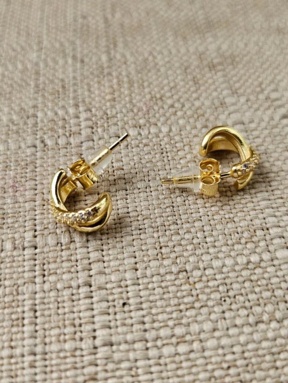 Gold Tone Twisted Hoop Earrings with Rhinestones Fashion Jewelry Stud Earrings - Picture 4 of 11